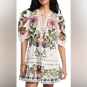 Farm Rio Summer Garden Cotton Mini Dress embroidered ivory